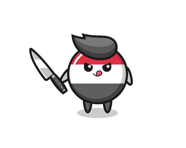 Cute yemen flag badge mascot as a psychopath holding a knife , cute style design for t shirt, sticker, logo element