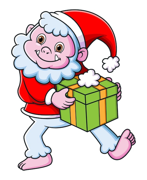 Cute yeti wearing santa costume and carrying a gift box