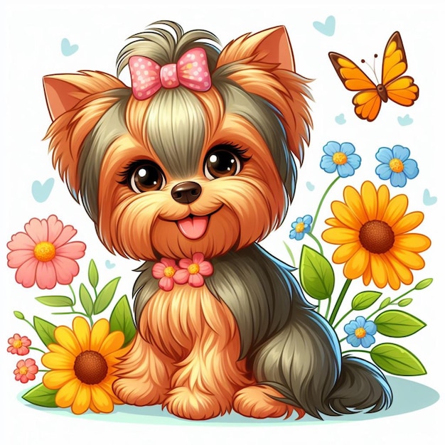 Vector cute yorkie dog and flowers vector cartoon illustration