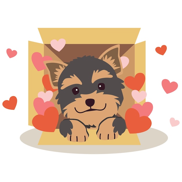 The cute Yorkshire terrier dog in the box with a lot of heart in flat vector style