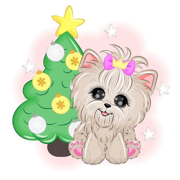 Симпатичная собака йоркширского терьера рядом с векторной иллюстрацией рождественской елки