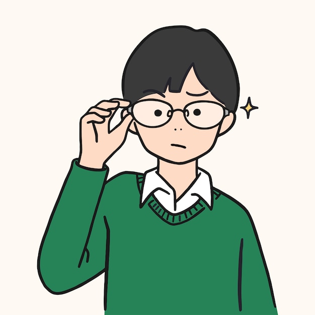 Cute young boy lifted glasses up, hand drawn style  illustration.