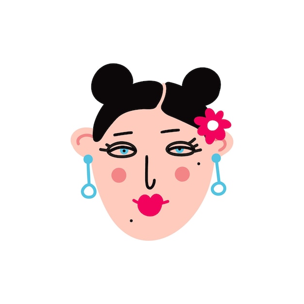 Vector cute young brunette face with cool earrings