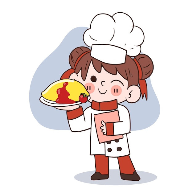 Cute young chef girl smiling and holding an omelette with ricecartoon vector art illustration