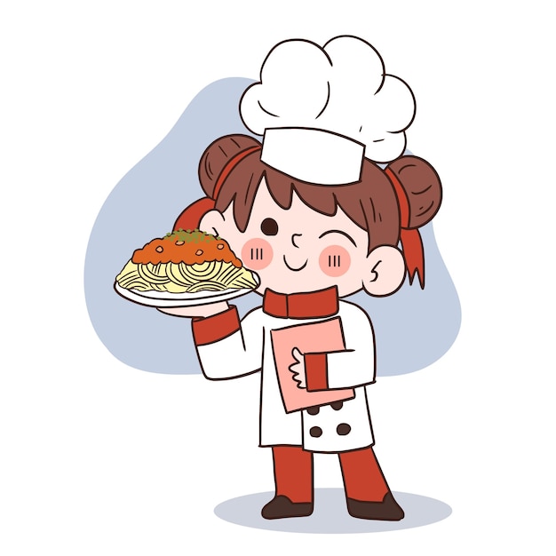 Cute young chef girl smiling and holding a spaghetticartoon vector art illustration