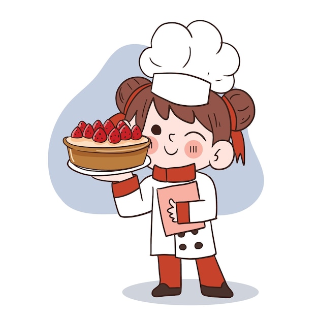 Cute young chef girl smiling and holding strawberry tart cakecartoon vector art illustration