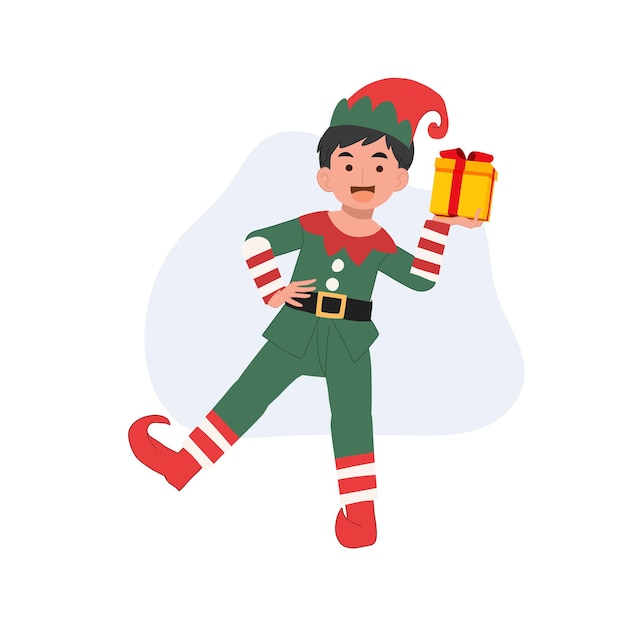 cute young christmas elf boy with present box vector illustration
