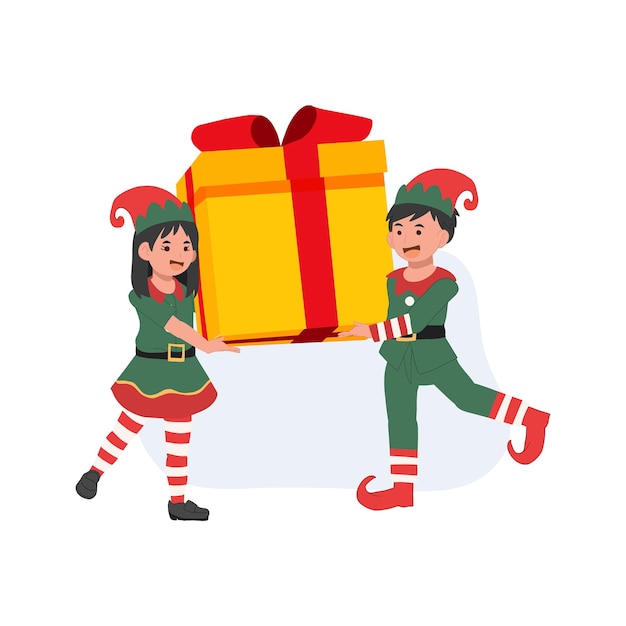 Cute young christmas elf kids with big present box vector illustration