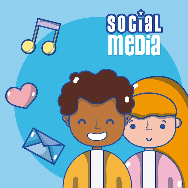 Cute young couple with social media symbols cartoons