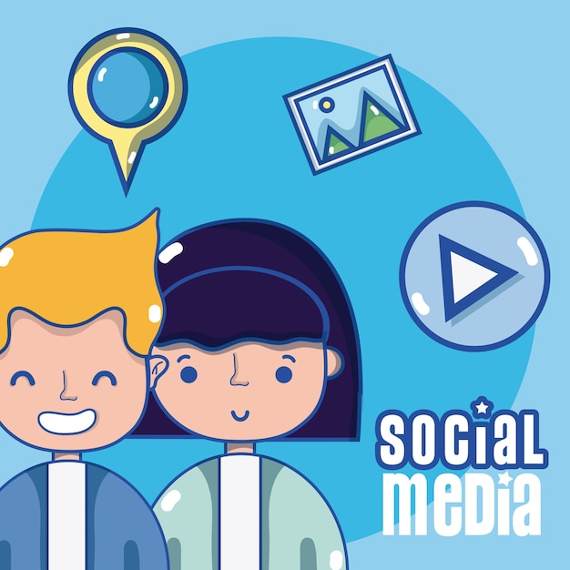 cute young couple with social media symbols cartoons 