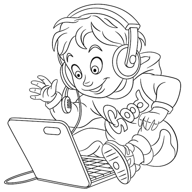 Cute young customer support agent. People professions. Cartoon coloring book page for kids.