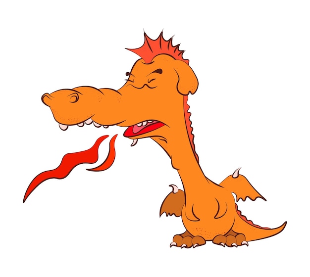 Vector cute young dragon teenager in a bad mood releases flames from his mouth coloring book for children vector on a white background