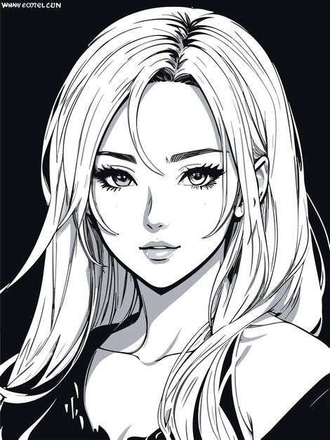 cute young female sketch in black and white coloring anime artstyle illustration portrait