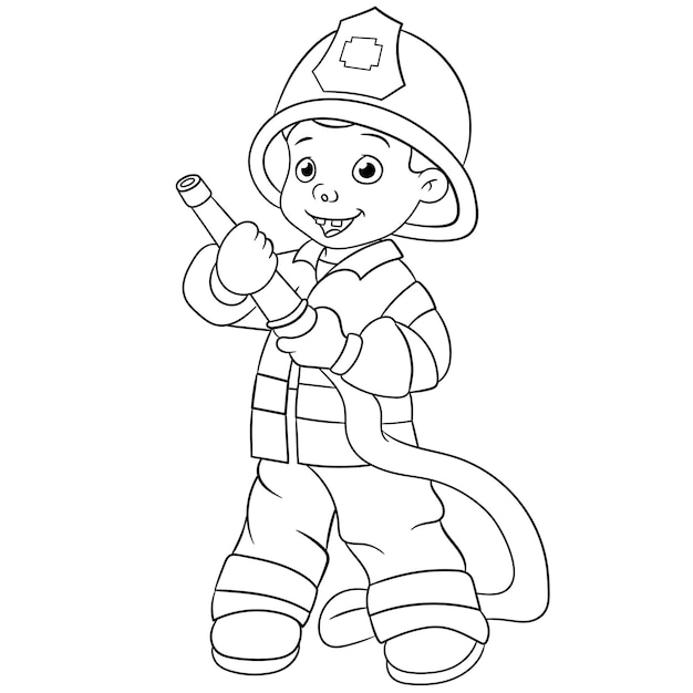 Cute young fireman. Cartoon coloring book page for kids.