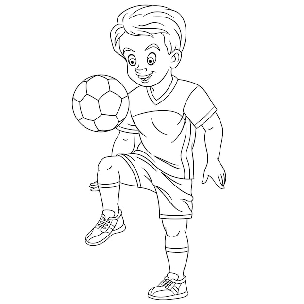 Cute young football player. cartoon coloring book page for kids.