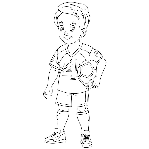 Cute young football player. Cartoon coloring book page for kids.