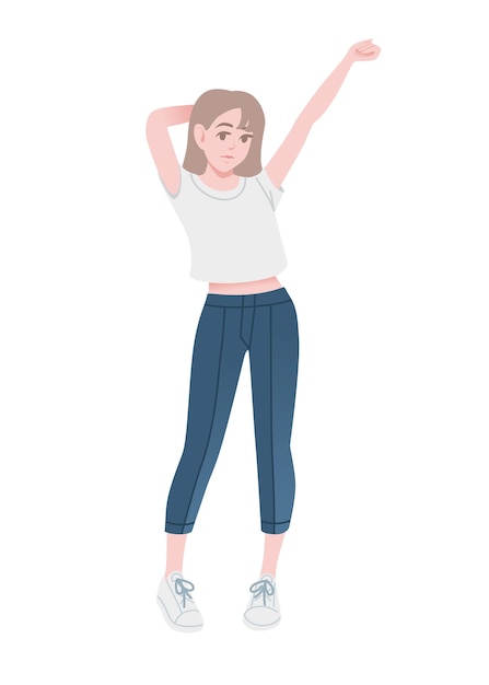 cute young girl in fashion casual clothes blue jeans and white shirt cartoon character design flat vector illustration isolated on white background