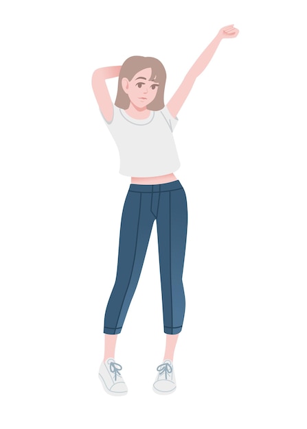 Cute young girl in fashion casual clothes blue jeans and white shirt cartoon character design flat vector illustration isolated on white background