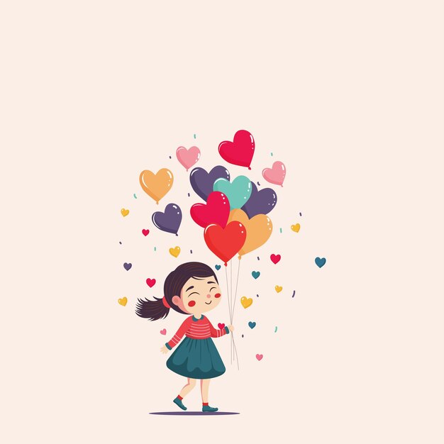 Cute young girl holding a bunch of colorful heart balloons on light pink background