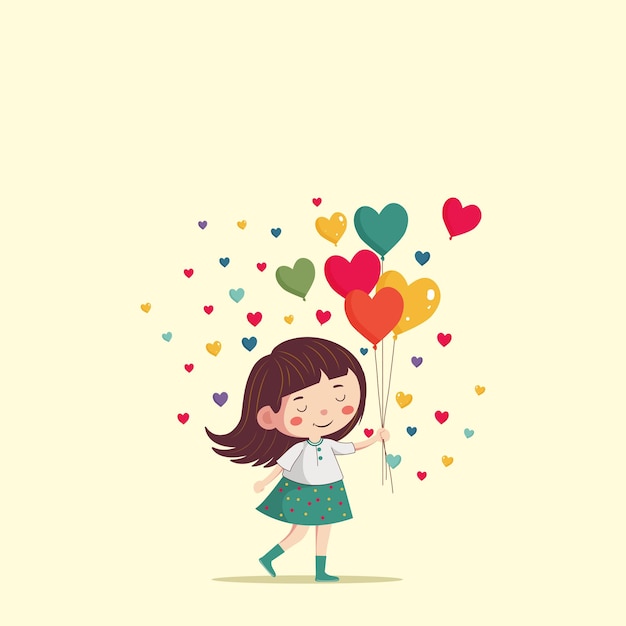 Симпатичная молодая девушка с воздушными шарами в форме сердца и красочными крошечными сердечками, украшенными пастельно-желтым фоном