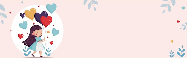 Vector cute young girl holding heart balloons and leaves decorated on pastel pink background with copy space