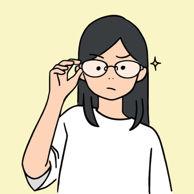 Vector cute young girl lifted glasses up, hand drawn style  illustration.