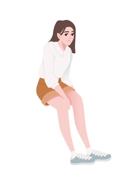 Vector cute young girl in sitting pose wearing casual clothes cartoon character fashion female model design flat vector illustration isolated on white background