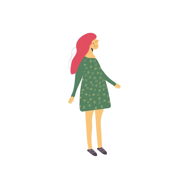 Cute young girl with pink hair in a green dress doodle drawing. funny woman smiling. female character with texture. hand drawn flat vector illustration in cartoon style isolated on white background