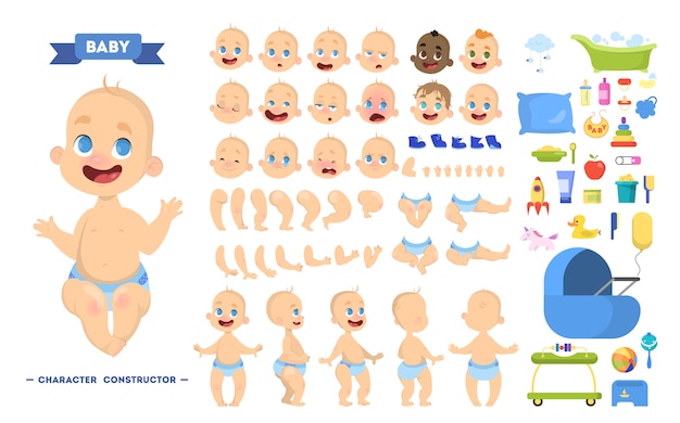 귀여운 젊은 남성 아기 소년 캐릭터는 다양한 전망, 헤어 스타일, 감정, 포즈와 제스처와 애니메이션을 설정합니다.