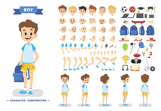 Vector cute young male boy character set for animation with various views, hairstyles, emotions, poses and gestures.