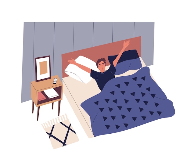 Cute young man waking up in morning. Male character lying in bed, yawning and stretching. Start of working day, everyday life, daily activity. Colorful vector illustration in flat cartoon style.