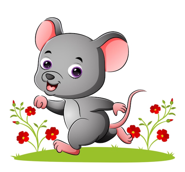 The cute young mouse is running in the garden of illustration