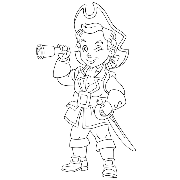 Cute young pirate with spyglass. Cartoon coloring book page for kids.