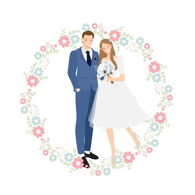 Vector cute young wedding couple in blue suit with flower wreath