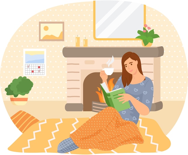 Vector cute young woman in chair reading book drinking tea home and beauty girl literature and information