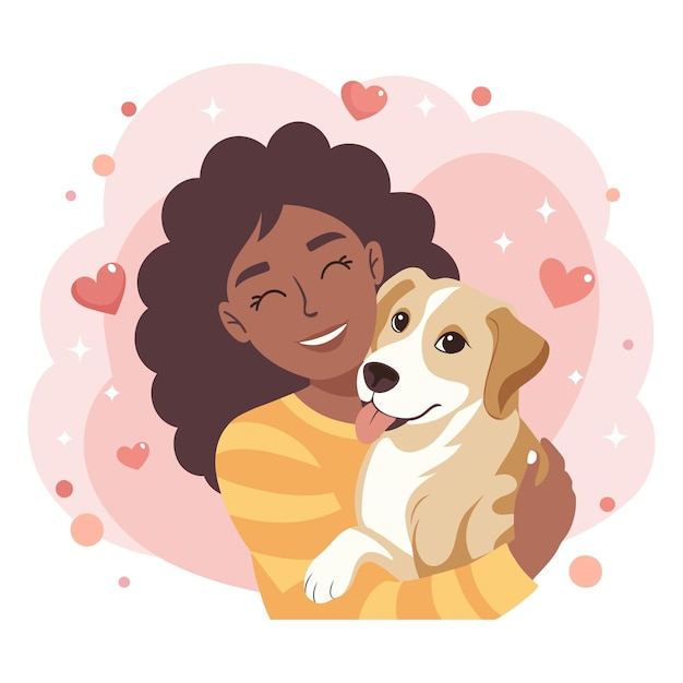 可愛い若い女性が犬を抱きしめるペットオーナー 犬の恋人 フラットスタイルのイラスト