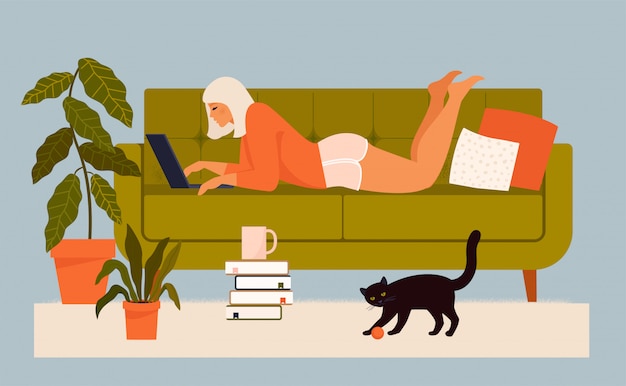 Vector cute young woman laying at sofa with laptop with her cat