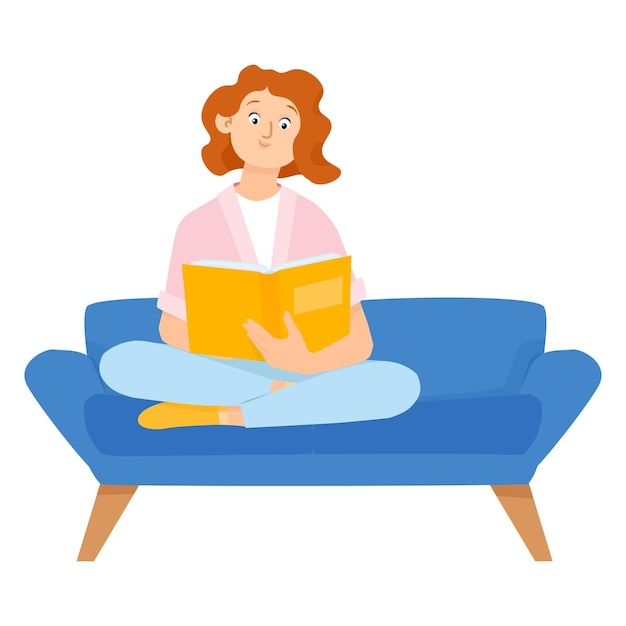 Vector cute young woman sitting on the sofa reading a book