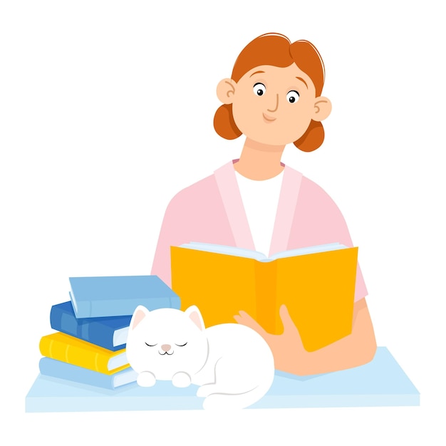 Cute young woman sitting at the table reading a book with a cat