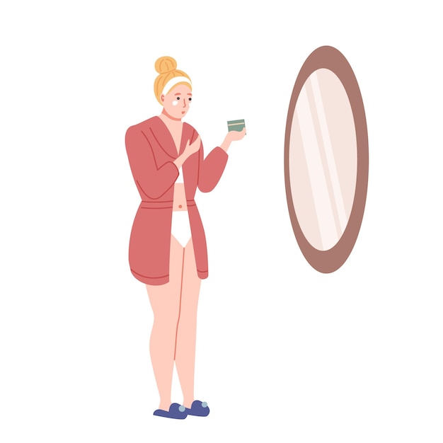 Vector cute young woman standing in front of mirror