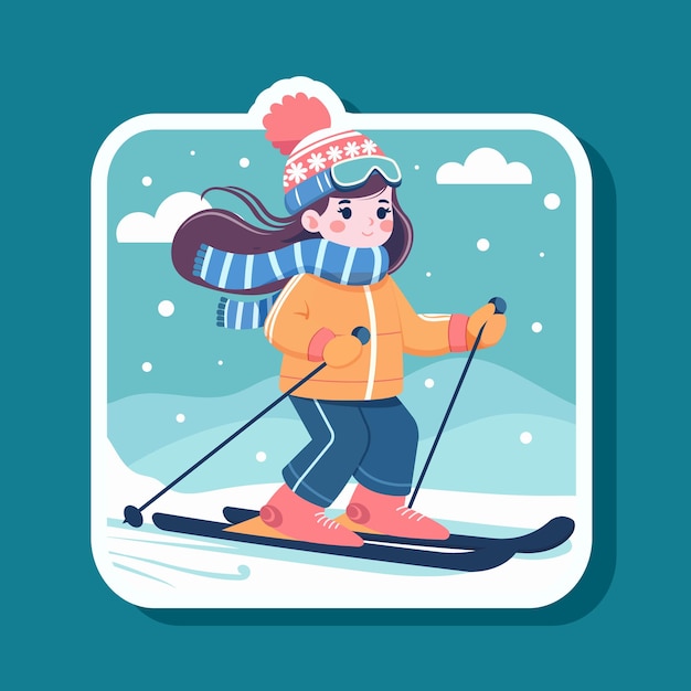 Cute young woman at winter sport activity Colorful cartoon character skier Cute style poster with smiling girl skiing Picture card with ski activity on snowy blue background Vector illustration