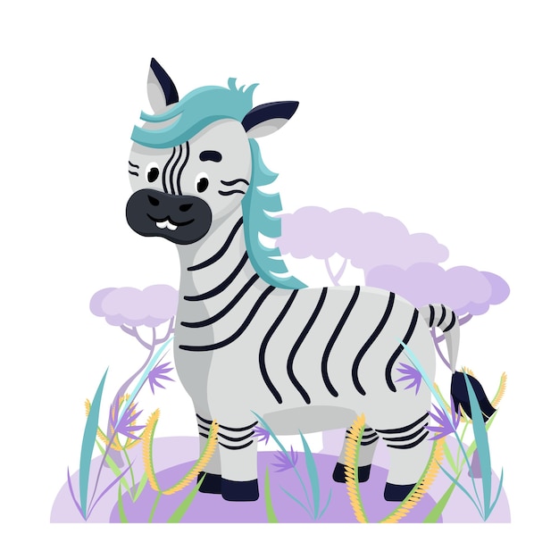 Cute zebra in Africa with flower and grass on white background. Vector illustration