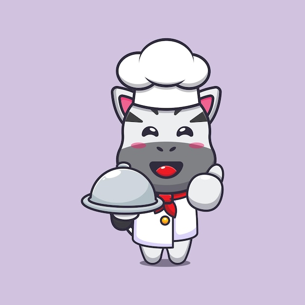 cute zebra chef mascot cartoon character with dish