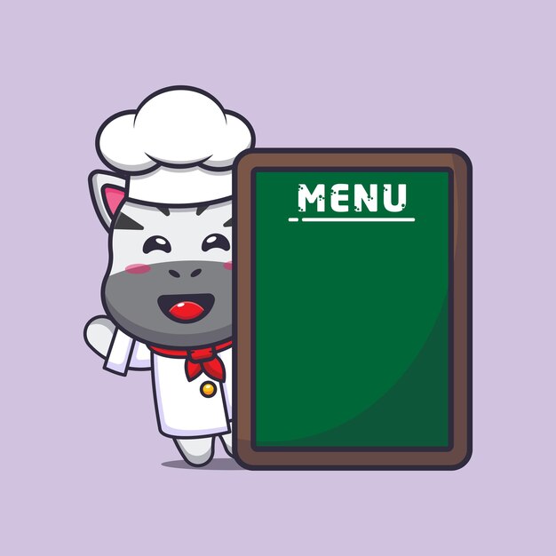 cute zebra chef mascot cartoon character with menu board