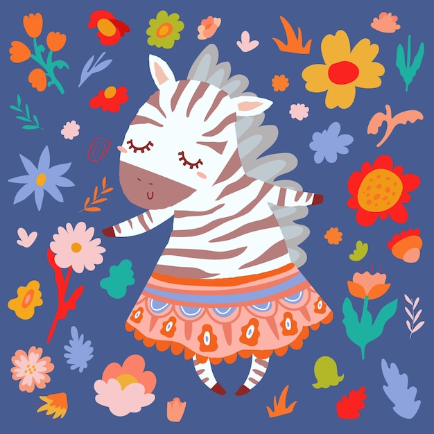 Vector cute zebra in a colorful patterned skirt. vector children's greeting card with floral patterns.