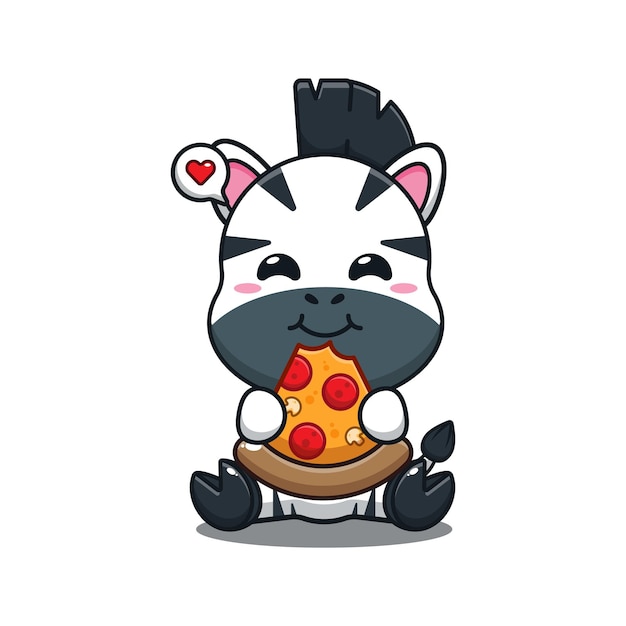 cute zebra eating pizza cartoon vector illustration