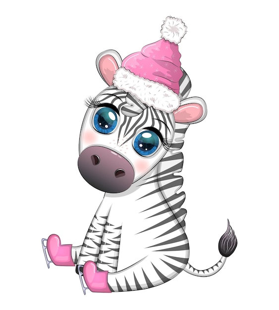 Cute zebra in a hat and scarf winter wildlife holidays cartoon character