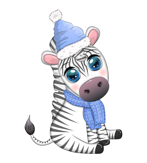 Vector cute zebra in a hat and scarf winter wildlife holidays cartoon character