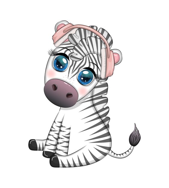 Cute zebra in headphones love for music Notes and treble clefs