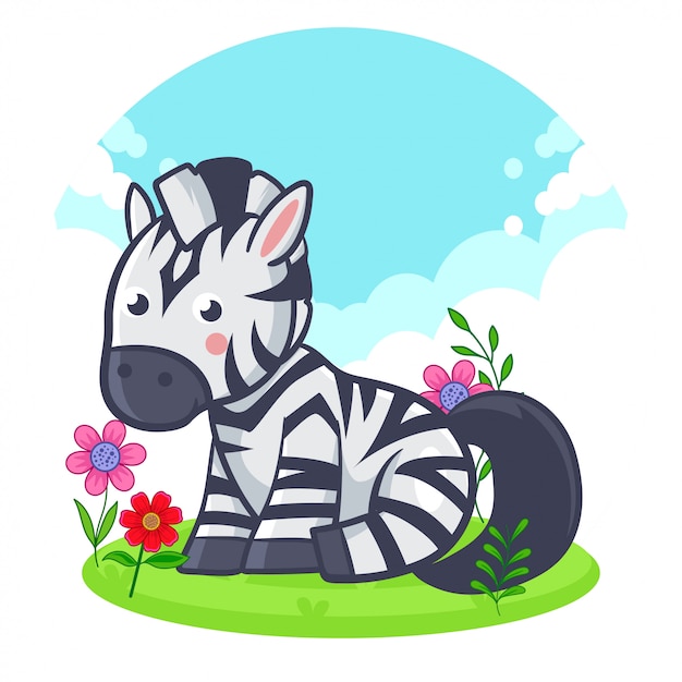 Cute zebra is sitting on a flower meadow. 